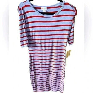 Lularoe medium denim blue & burgundy stripe Julia‎ pencil dress . NWT